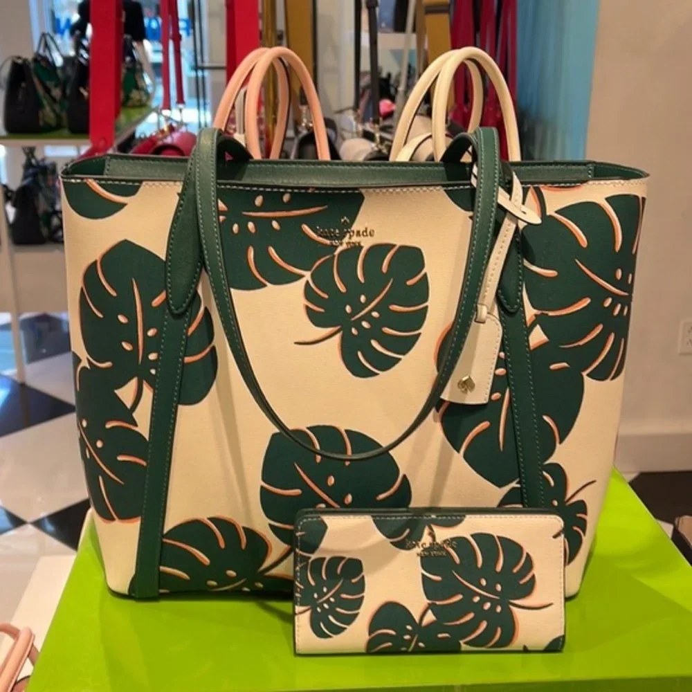 Kate Spade Cara Large Tote Monstera Leaves & Large Slim Bifold Wallet Cream Mult - Picture 1 of 16